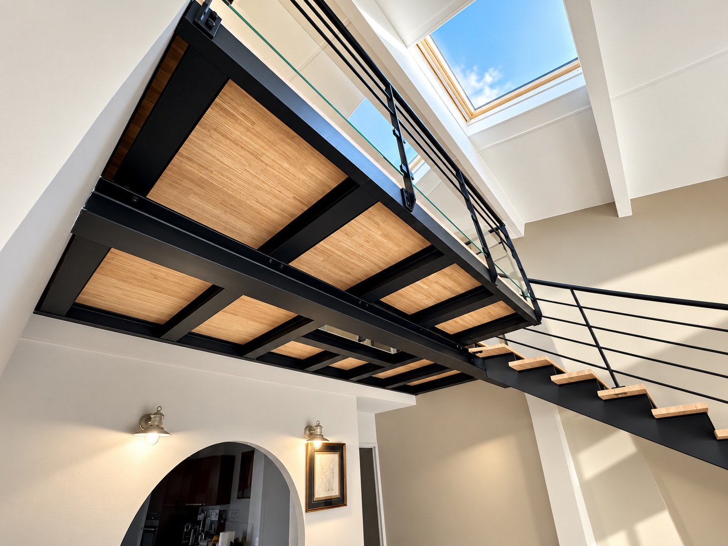 Mezzanine acier et bois, vue depuis le dessous